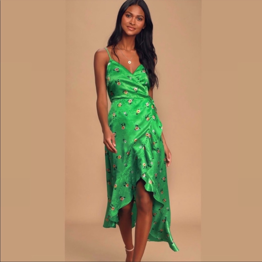 Lulus Floral Jacquard Satin High-Low Midi Wrap Dress